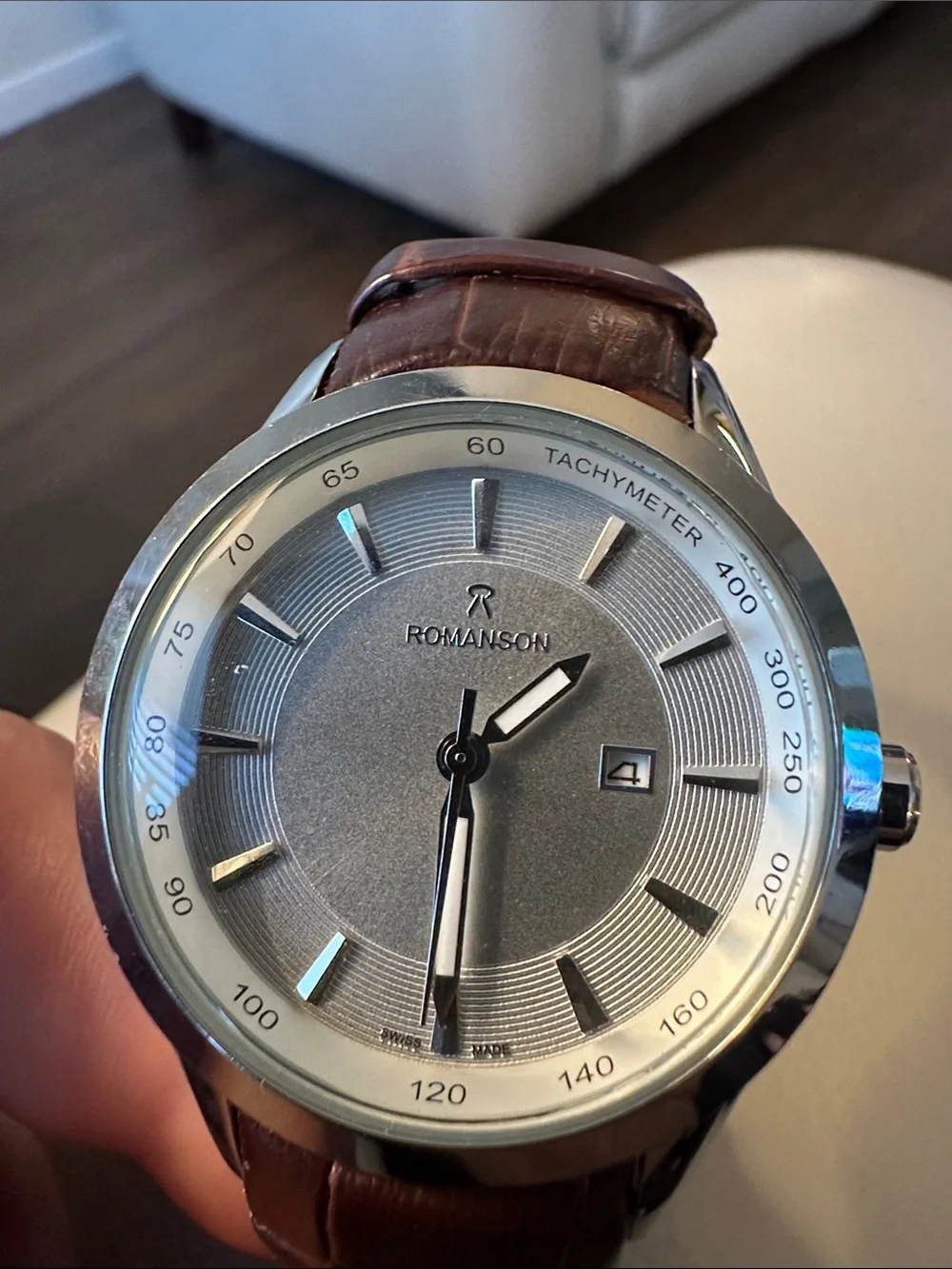 Romanson Silver Dial Watch with Brown Leather Strap